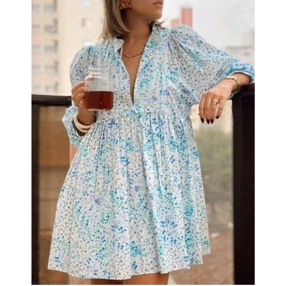 Zara Blue Poplin Cotton 3/4 Sleeve Dress Mini XS Loveshack Fancy Floral Print